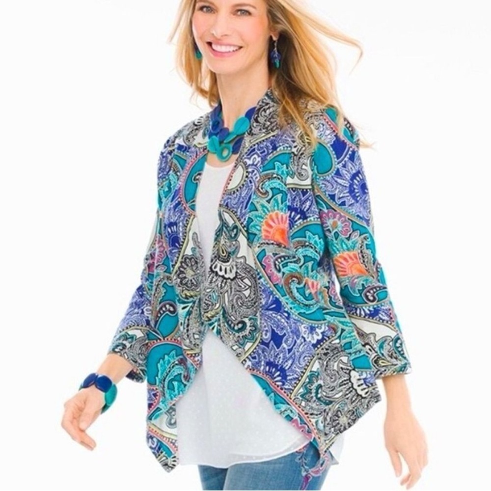 Chico's Multicolor paisley open cardigan Jacket women 2 linen casual office Y2K